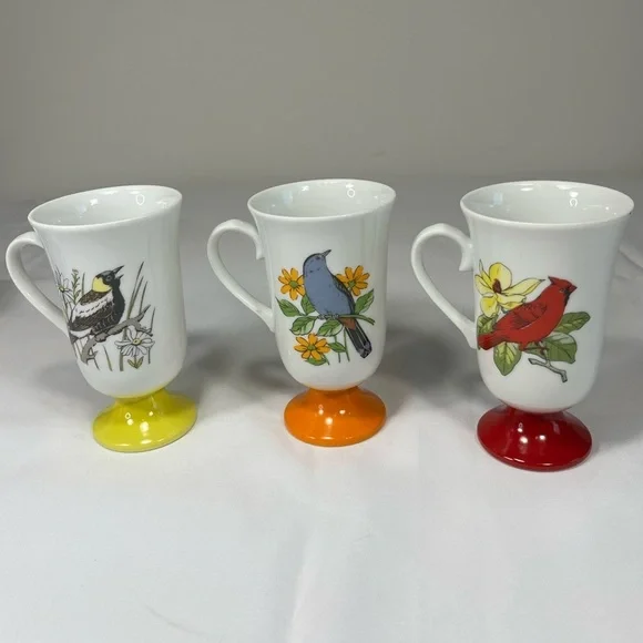 SET 6 Vintage Fred Roberts Song Bird Footed Mugs MCM - Picture 3 of 9